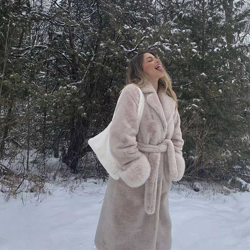 Luxury winter long coat womens oversized lapel artificial rabbit fur coat jacket womens plus size coat fur coat X241214