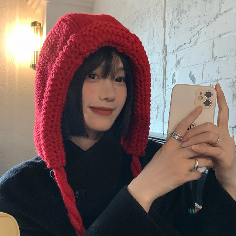 Cute Little Red Riding Hood Womens Autumn/Winter Knitted Wool Lace Earrings Korean Warm Matching Red Riding Hood 241205