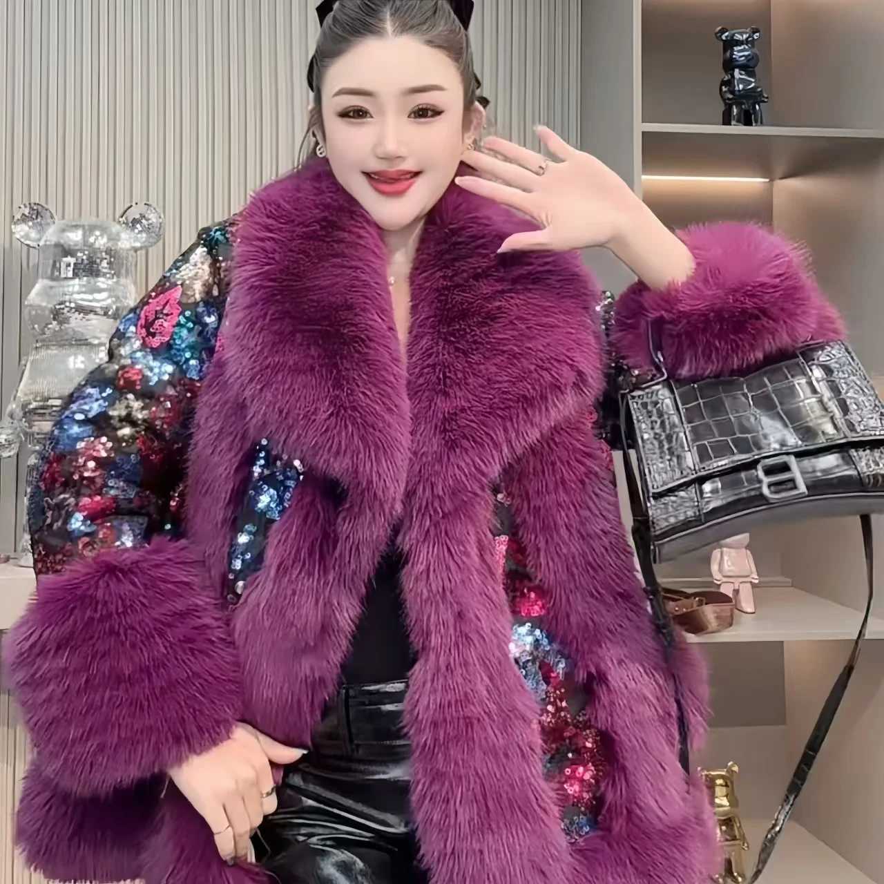 Womens faux fur coat fur collar jacket patchwork coat womens clothing luxury sequins new winter 2024 X241214