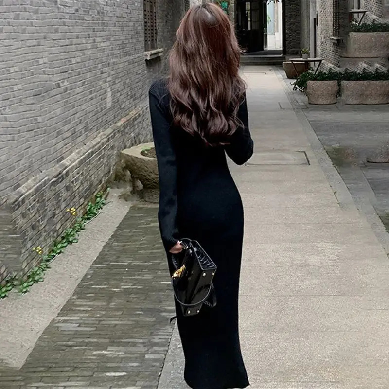Autumn Winter Fashion Vneck Long Sleeve Solid Womens Clothing Slim Allmatch Korean Knitting Simplicity Trend Chic Dresses 241212