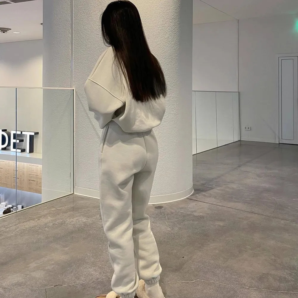 Autumn And Winter Casual Sports Suit Fashion Solid Color Simple Warm Pants Hoodie Female 2 Piece Set 2024 241203