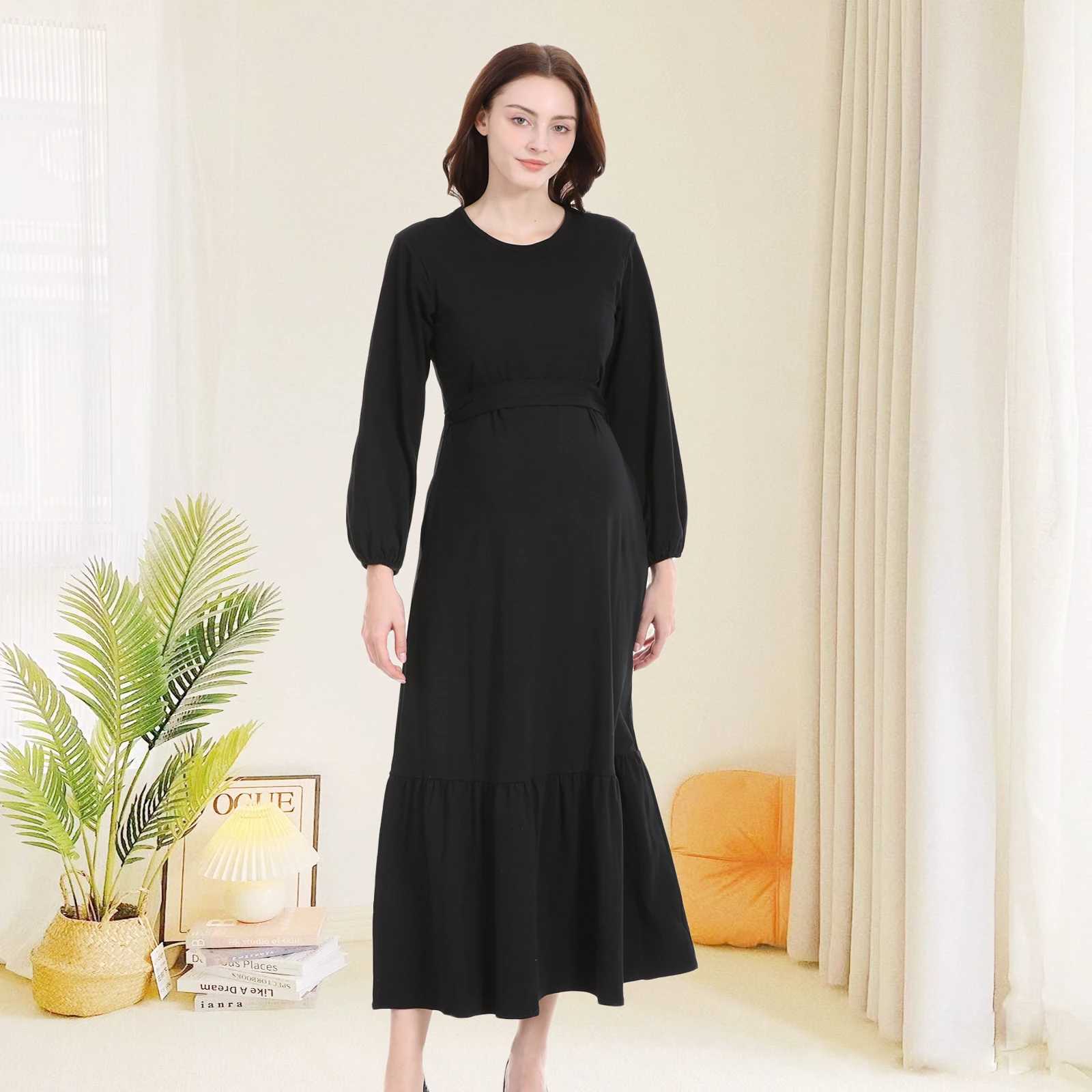 Solid Materni Dress Breastfeeding Dresses Nursing Clothes Casual Spring Autumn Pleated Long Dress For Pregnant Women Plus SizeXJ241213