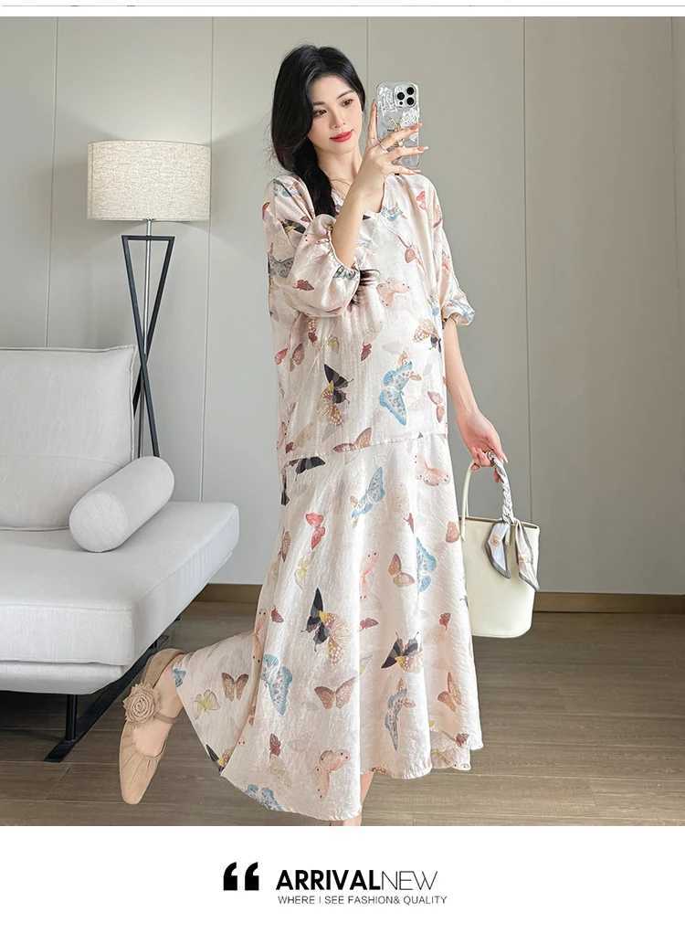 2025 Summer Materni Long Loose Dress Chinese Sle Lantern Sleeve Fashion Printing Pregnant Woman Beach Dress Holiday ClothesXJ241213