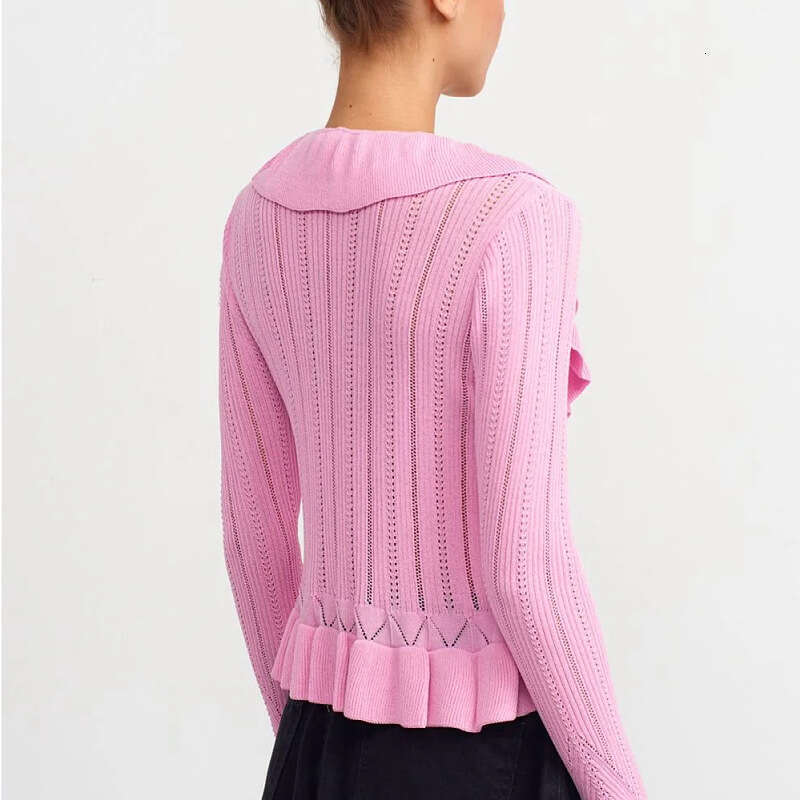 New knitted cardigan jacket European and American foreign trade, sexy hollow out exposed navel tied long sleeved ruffle edge sweater for women