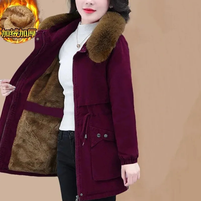 Womens detachable fur collar cotton lined coat 2024 womens large size 5XL Parkas medium long style inflatable jacket 241212