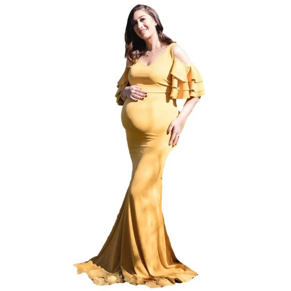 Materni Dresses for Photoshoot Women Mermaid Elastic Photography Gown Cold Shoulder Ruffle Sleeves Wedding Baby Shower DressXJ241213