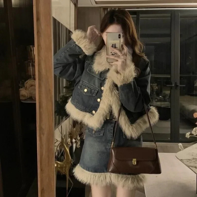 Fashionable faux fox fur collar patchwork denim jacket cotton quilt mattress denim jacket fur edge tophigh waisted A-line half sleeve 2-piece set 2412