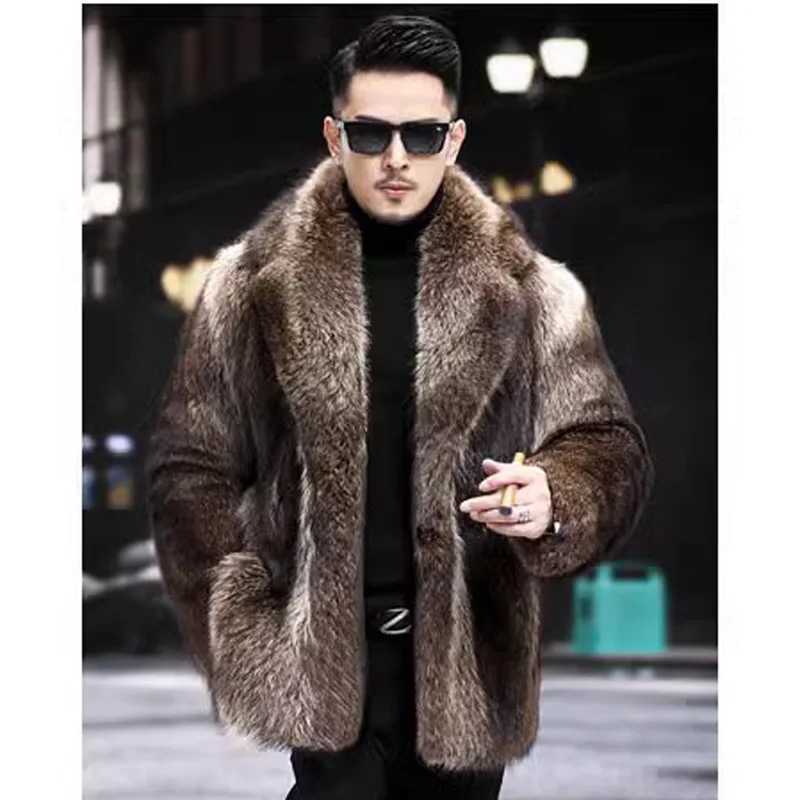 Mens autumn and winter thick Maxi faux fox fur coat jacket long sleeved warm luxury fur black park Bontjas fur furry coat W241213