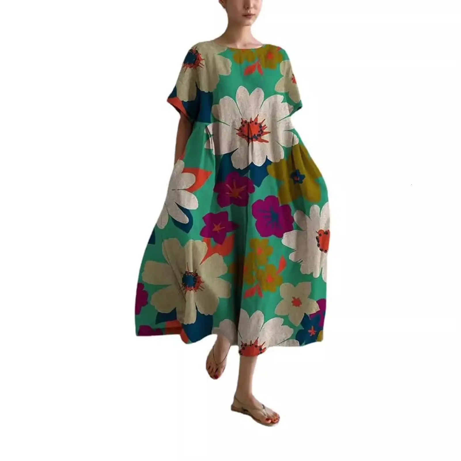 Summer European and American Womens Loose Round Neck Elegant Fashion High end Short Sleeve Printed Dress 241212