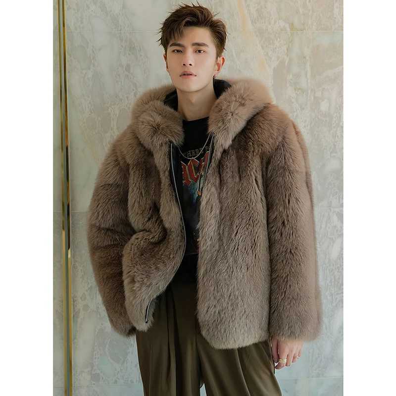 Fur coat mens new fox fur short jacket autumn/winter warm wool coat mens leather hooded casual jacket W241213