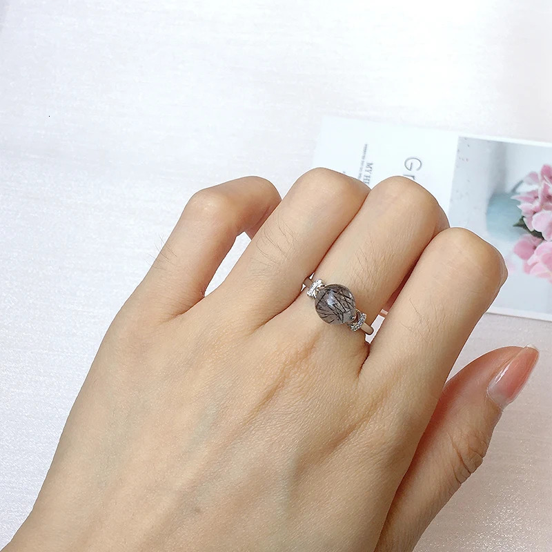 Natural Black Tourmaline Adjustable Sterling silver Ring Black Rutilated Quartz Women Fashion Finger Ring Healing Jewelry gift 241214