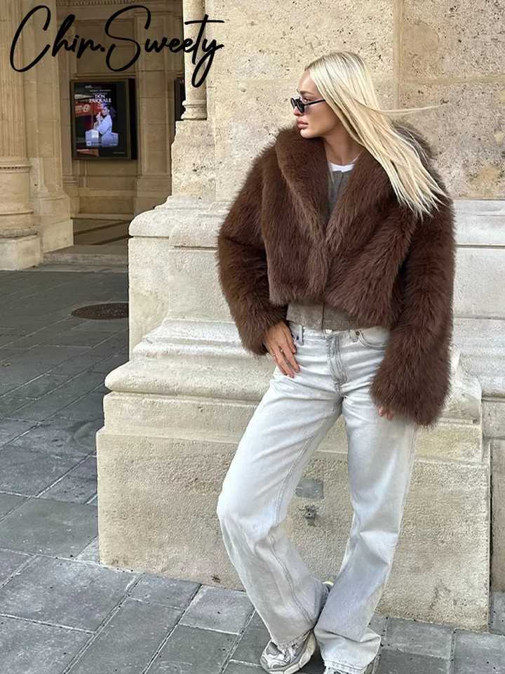 Retro faux fur womens jacket solid collar long Slve thick warm jacket womens 2024 autumn winter loose womens jacket X241214