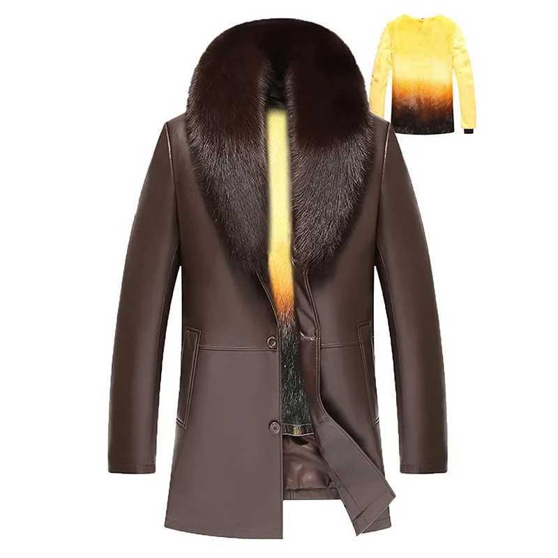 Medium length real leather jacket real mink lined coat winter mens clothing casual silver fox fur collar coat vest W241213