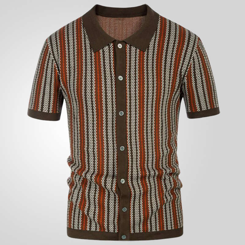 European And American Men's High-End Short Sleeved Knitted Sweater For Summer, New Striped Jacquard Business Polo Shirt