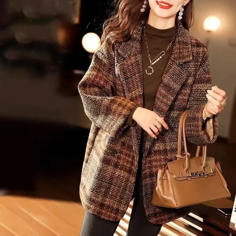 Jacket Tweed Velvet Coats for Women Outerwears Over Wool Blend Plaid Clothes Warm Green Dress Long Check Blazer Woman American 241209