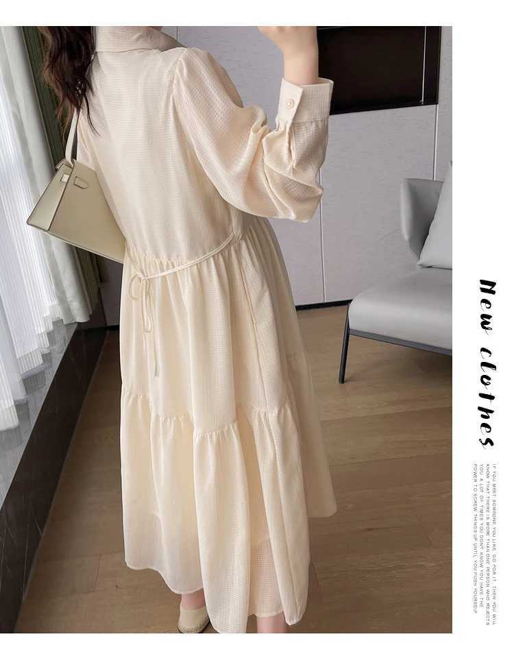 2024 Autumn Materni Brief Dress Solid Color Long Sleeve Turn-down Collar Plus Size Pregnant Woman Elegant Chiffon Dress BeigeXJ241213
