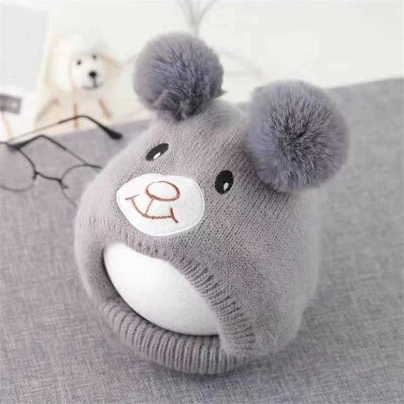 Cute bear bean hat suitable for boys and girls fluffy and warm knitted hat collar autumn winter toddler earmuffs W241213