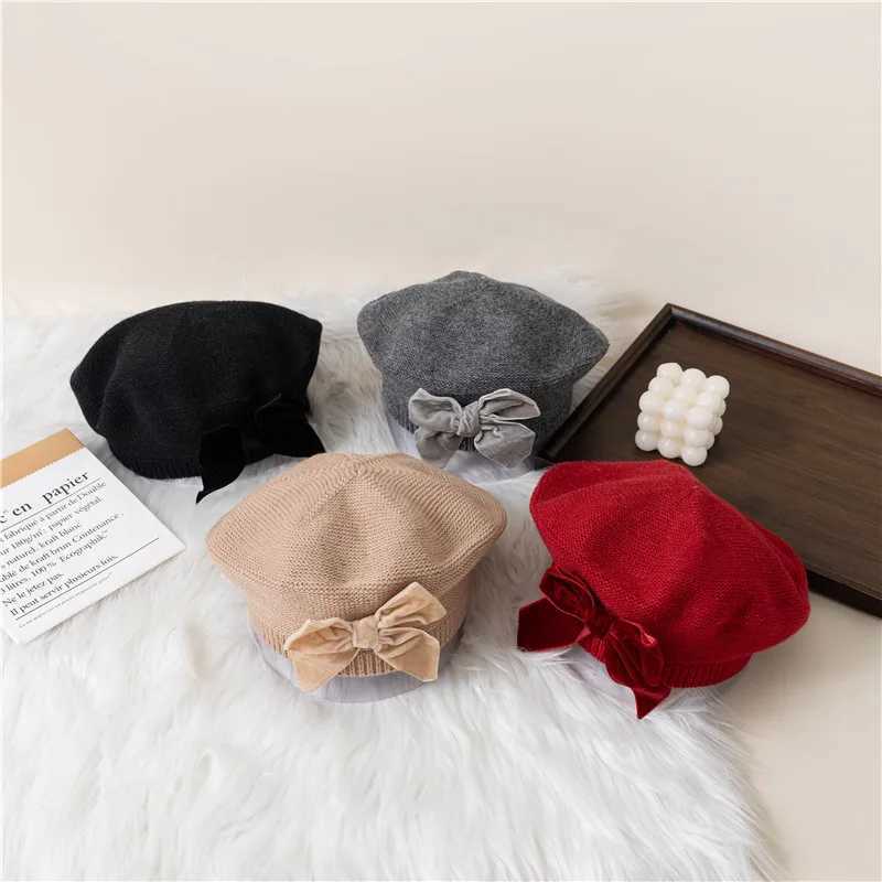 Autumn Winter Baby Girls Warm Bowknot Knitted Hats Children Beret Beanie Hat Solid Hat Soft Comfortable Kids Bonnet For 2-8Years W241213