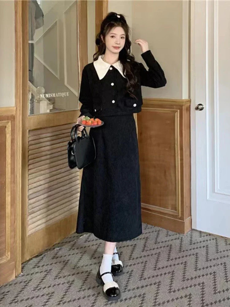 Fashion Two Piece Set Autumn Corduroy Versatile Solid Lapel Button Pocket Small Fragrant Coat Slim Aline Half Length Skirt 241211