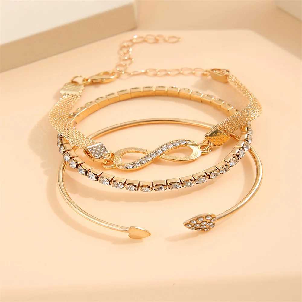 Vintage Infinity Heart Crystal Rhinestone Bracelet Set for Women Female Gold Color Metal Adjustable Bracelets Fashion JewelryXJ241214