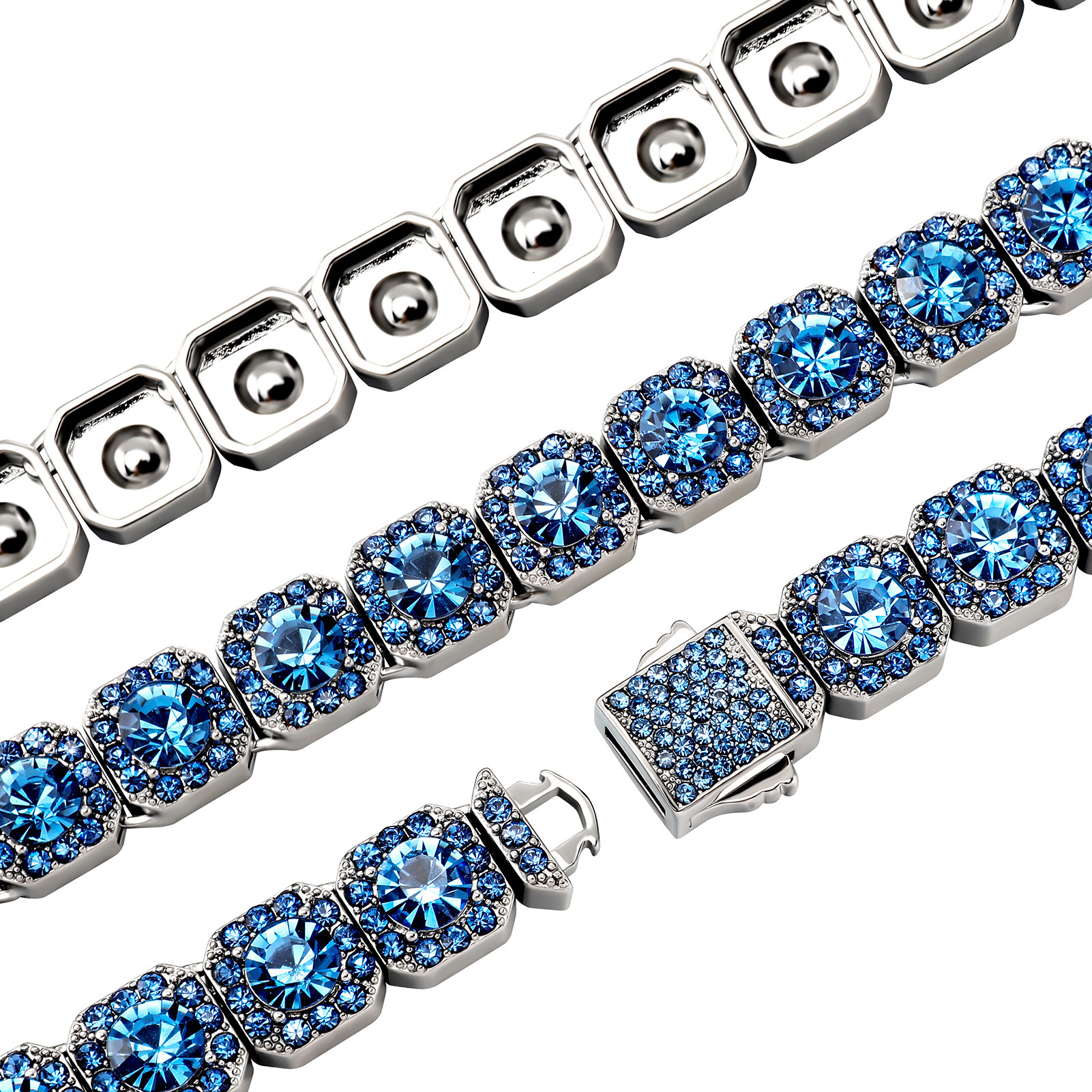 New In Hip Hop Full Clustered Blue Diamond Tennis Chain Necklace Bracelet Mens Womens Fashion Jewelry Accessories Miami Party Bijoux Pulsera Hombre Co