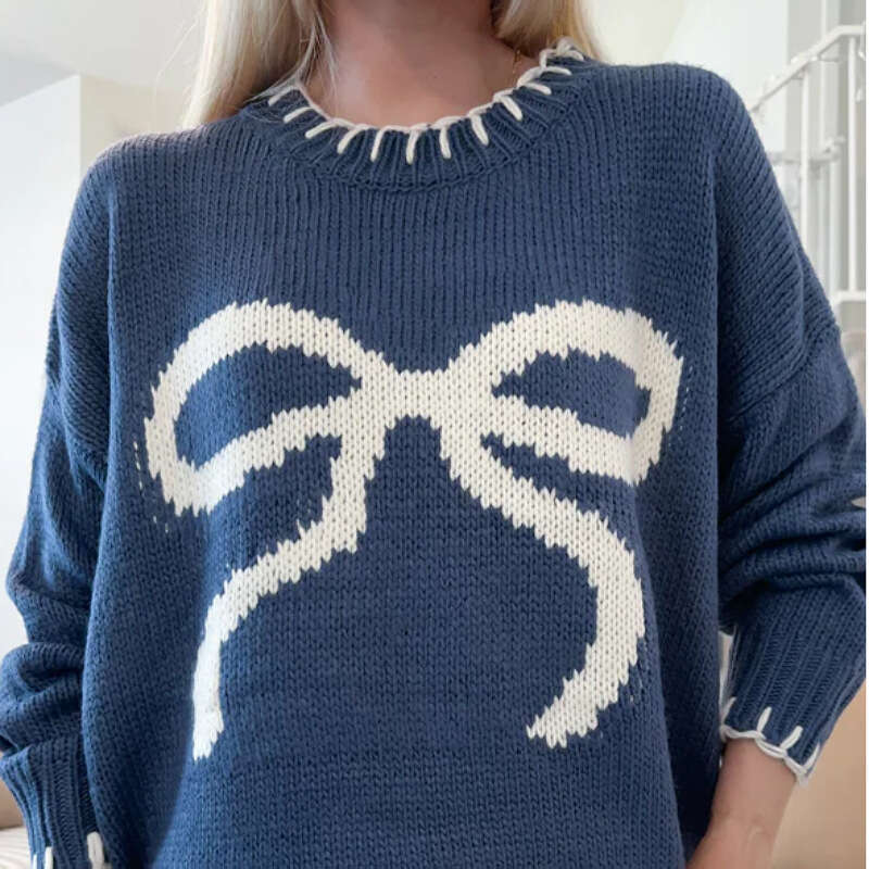 2024 European and American new lazy style pullover knitted top with butterfly knot jacquard loose outer sweater for women