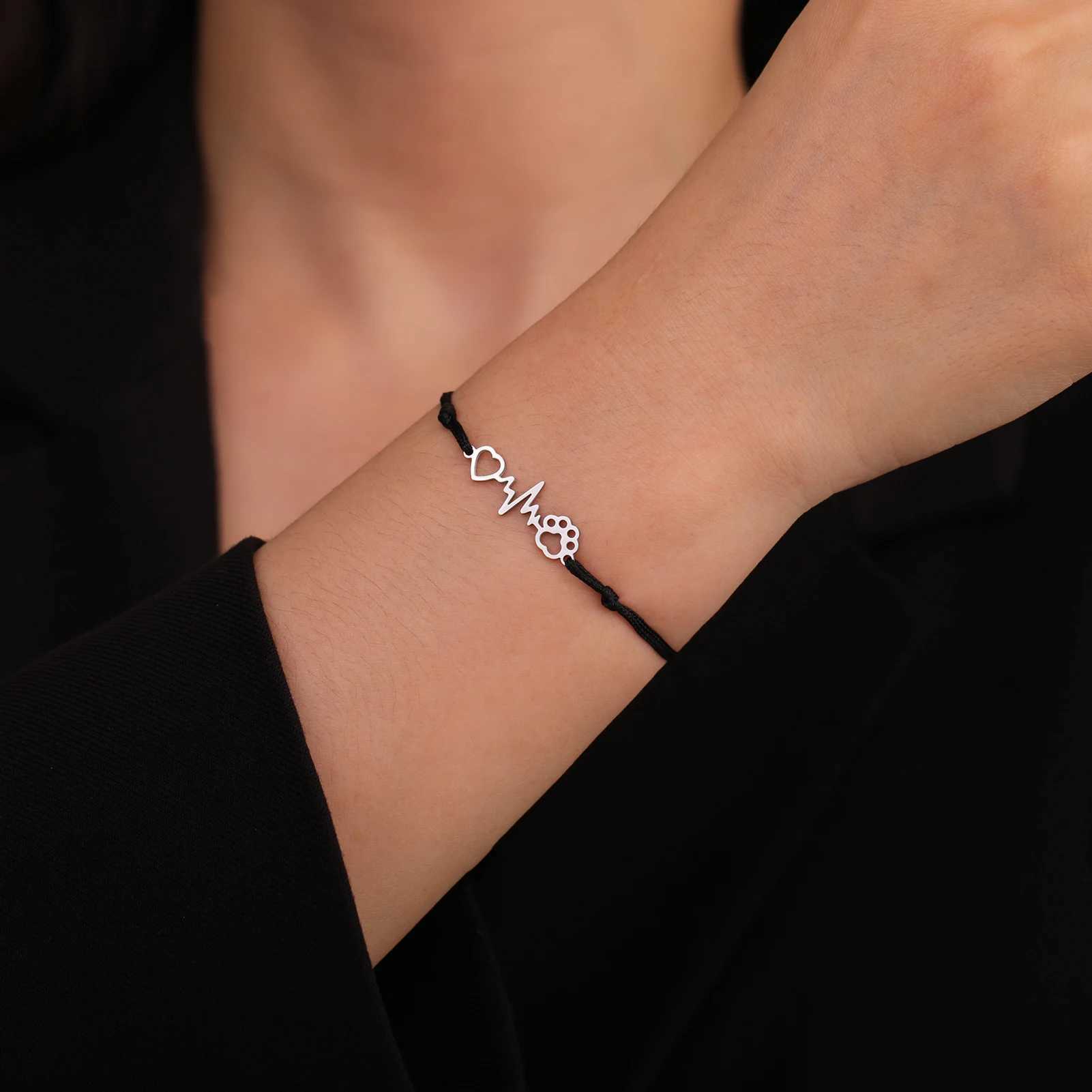 Cazador Heartbeat Cat Dog P Footprint Heart Charm Bracelet for Women Stainl Steel Wax Rope Bracelet Gifts Jewelry New 2024XJ250109