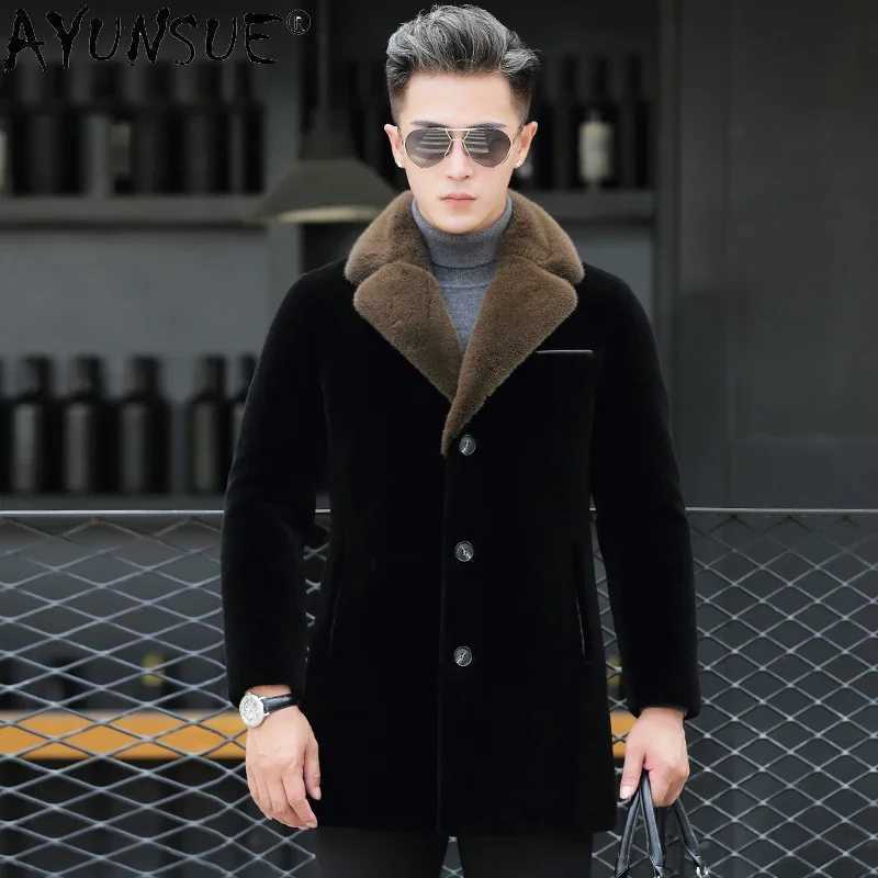 AYUNSUE Men Jacket 2020 Mens Clothing Thick Real Mink Fur Collar Coat 00% Wool Coats Men 90% Duck Down Jackets Fabric LXR764 W241213