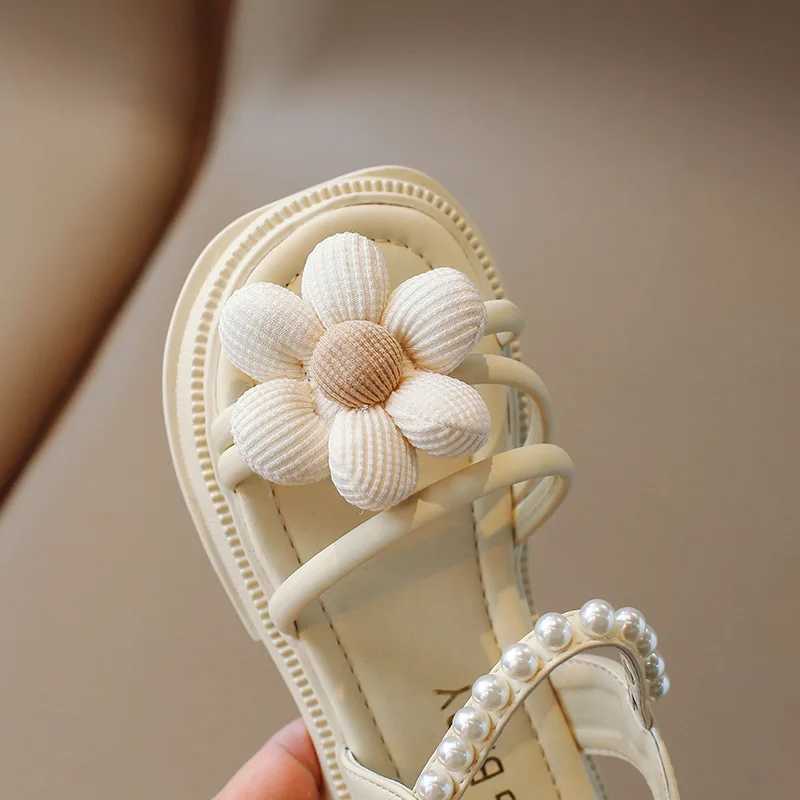 Sandals Girls Sandals Summer Appliques Black Beige Children Sliders Anti-slip Flower 26-35 mary janes All-match Kids Shoes Child H05165 H241213