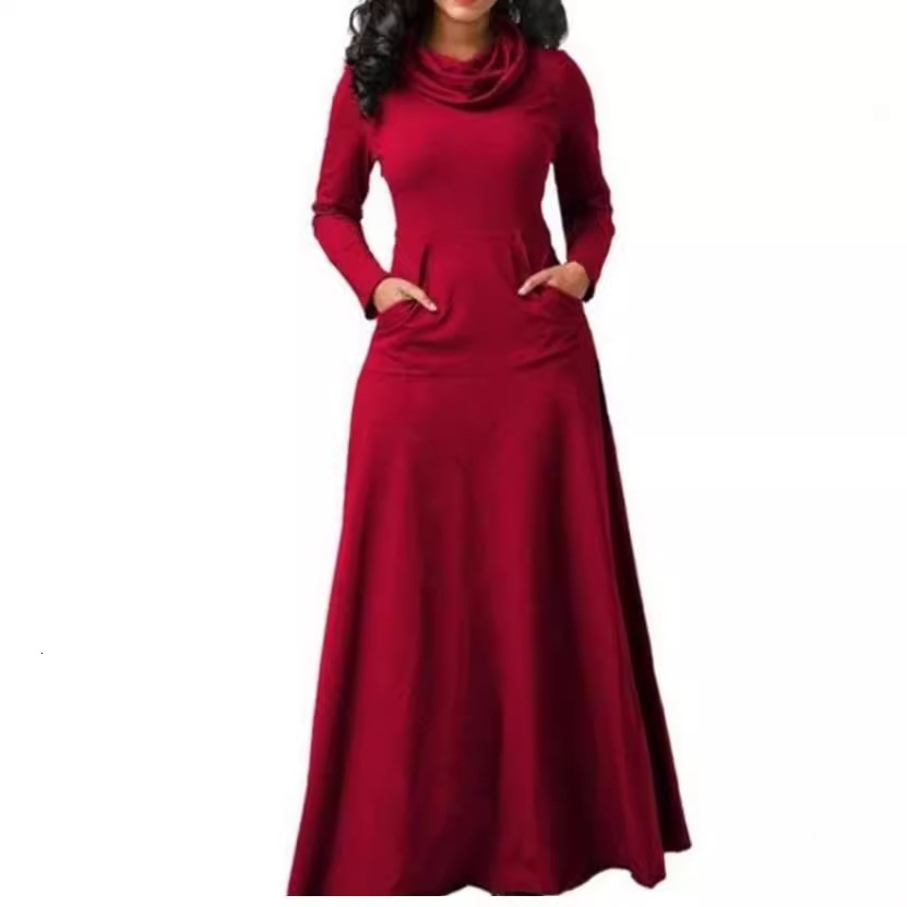 Winter Best-selling Designer Solid Color Patchwork Pocket European Women's Dress Outdoor Casual Long Dress
