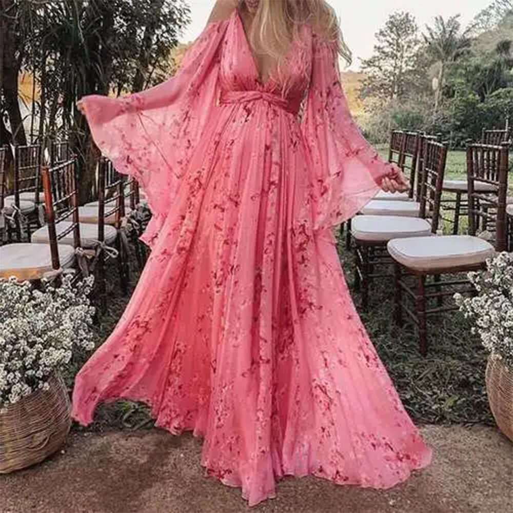 New Suspender Deep V-Neck Printed Sexy Bat Sleeves Pleated Or Length Long Skirt For Pregnant Women, Upper And Lower Ing Fabric