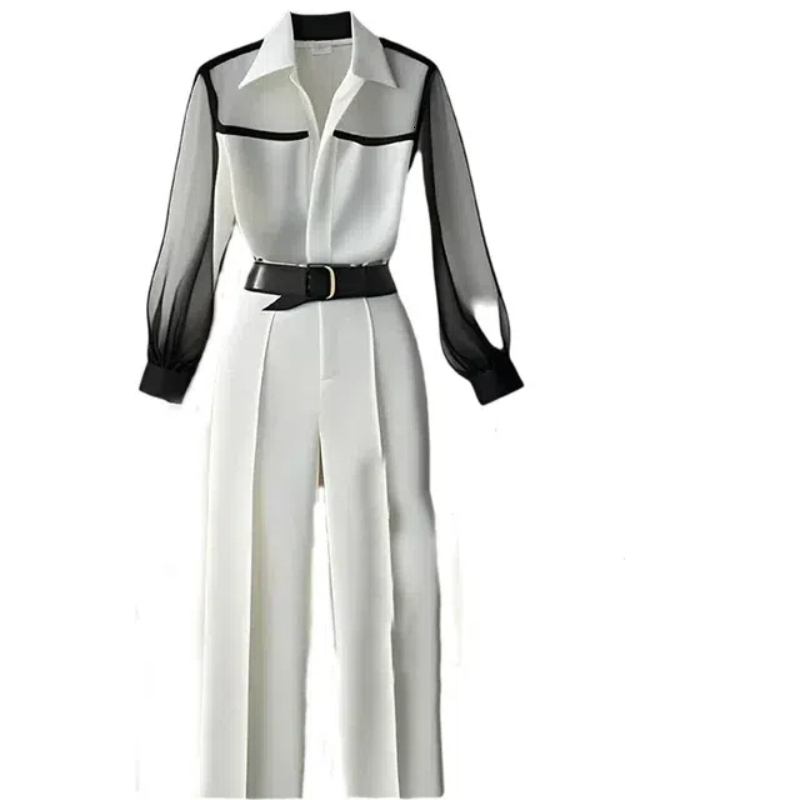 White Trousers 2 PC Loose Pant Sets Two Peices Set Vintage Perspective Shirt Autumn Blouse Sleeve Korean Women Suits Tops