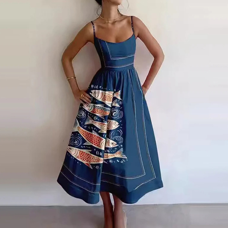 New Product Designer Sleeveless Solid Color Sexy U-neck Waist Pleated Skirt Women's Large Swing Skirt Dress