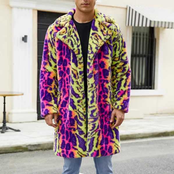 2025 mens leopard print winter jacket open top coat warm Parkas coat thick faux fur plush coat multi-color coat W241213