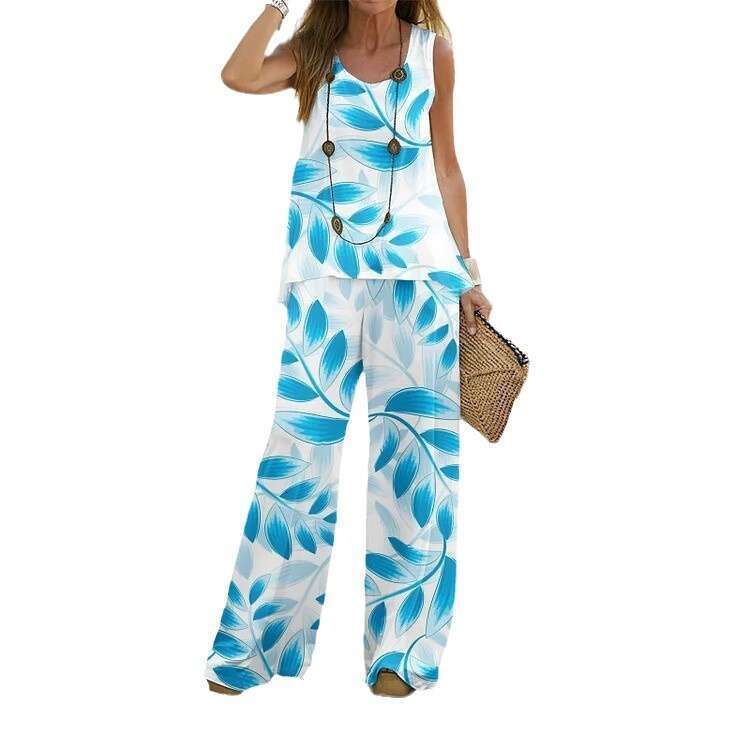 Women's printed casual two-piece vest with elastic waist pants women's set 2024 versatile new trendy clothing ins