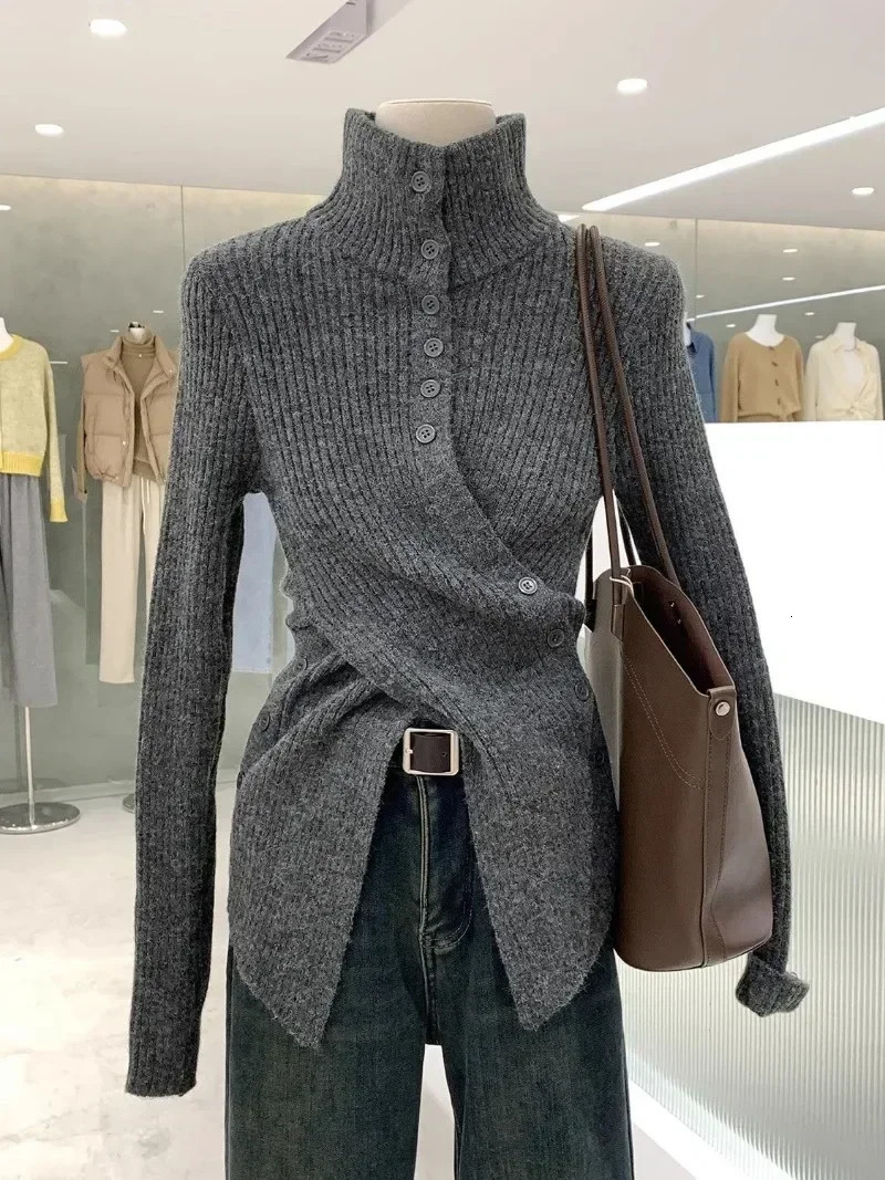 Korean Chic Elegant Slim Fit Cardigan Cross Button Simple Long Sleeve Turtleneck Sweaters 2024 Autumn Allmatch Solid Jumper 241214