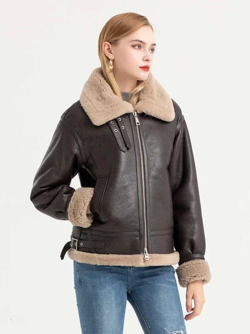 Fashionable womens multi-color fur one-piece jacket flying jacket sheepskin motorcycle leather jacket 241210