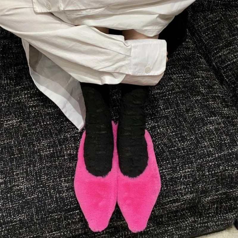 Fashion Pointed Toe Fur Ballet Flat Woman Winter Warm Plush Shallow Loafer Ladies Concise Furry Heeled Dress Shoes Womens Shoes 241213