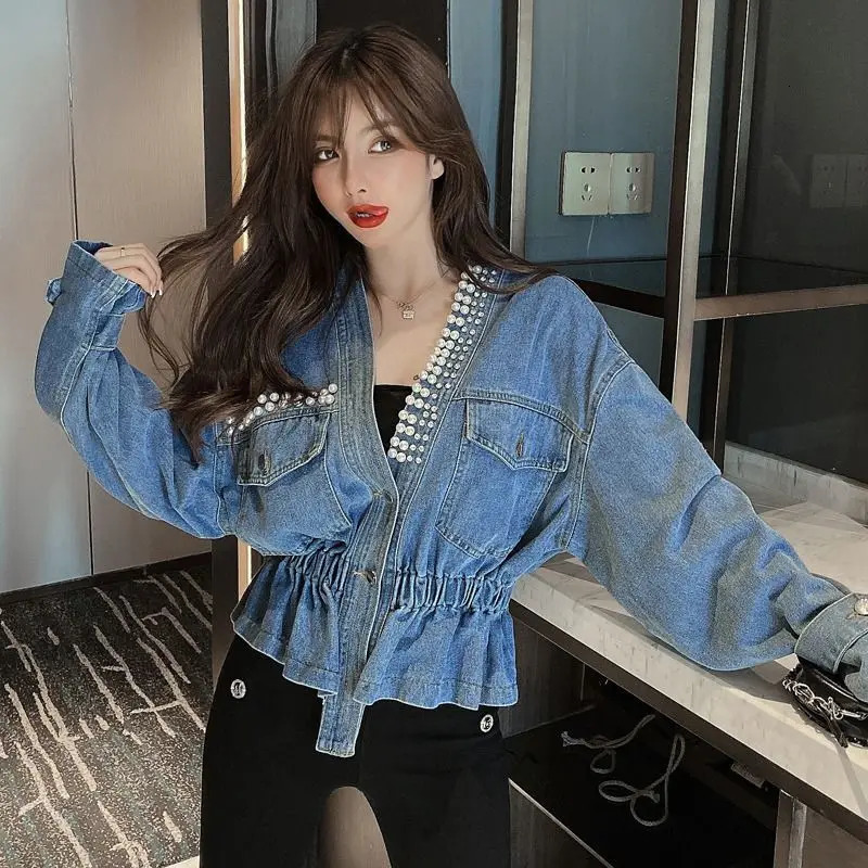 Womens Jacket SpringSummer Korean Fashion Full Match Vneck Retro Beaded Diamond n Loose Short Cowboy 241211