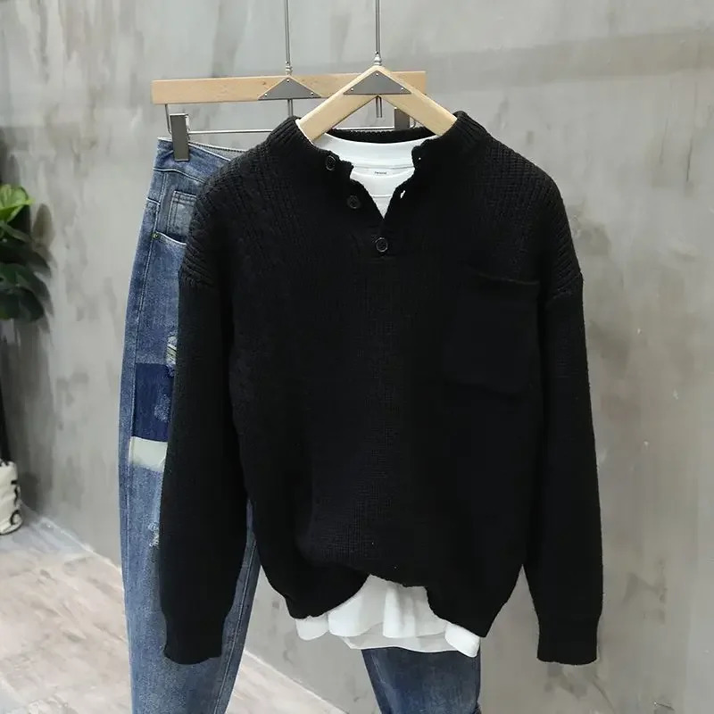 American Retro Henley Collar Pullover Sweater Korean Elegant Mens Trendy Oversized Pocket Versatile Casual Aesthetic 241213