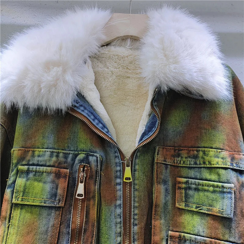 Fashion splicing large fur lapel long sleeved denim jacket womens winter thick zipper denim jacket autumn trendy 16O3165 241210