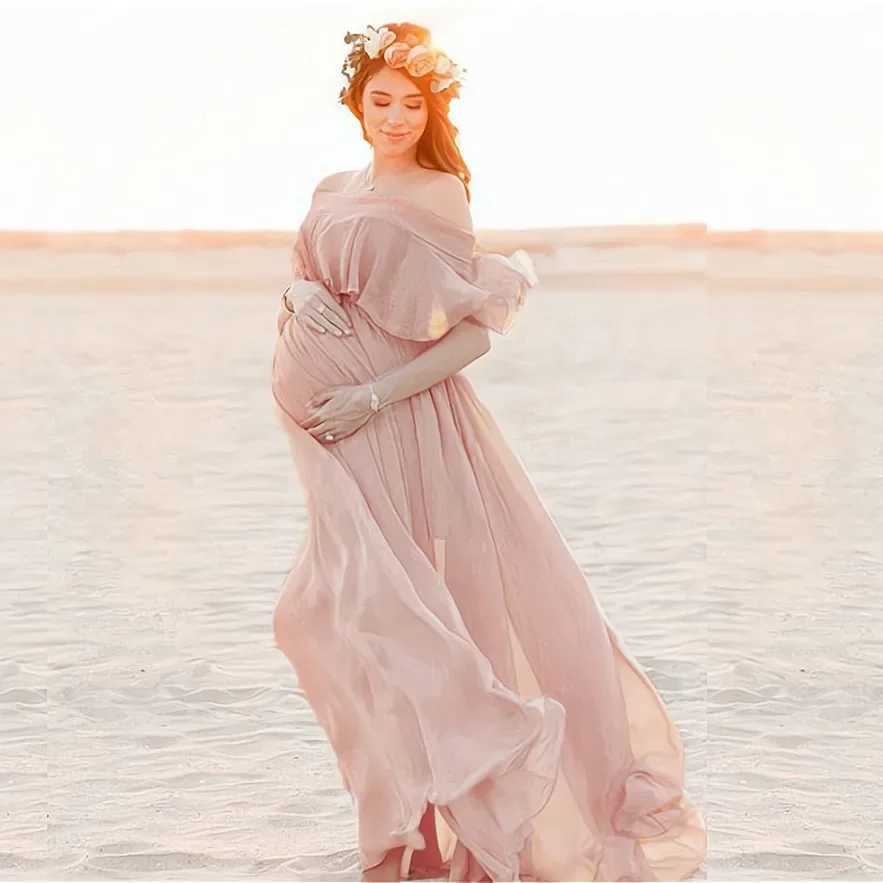 New Pink Ruffles Materni Dresses For Photo Shoot Bohemian Chiffon Pregnant Women Photography Props Maxi Dress Premama ClothesXJ241213