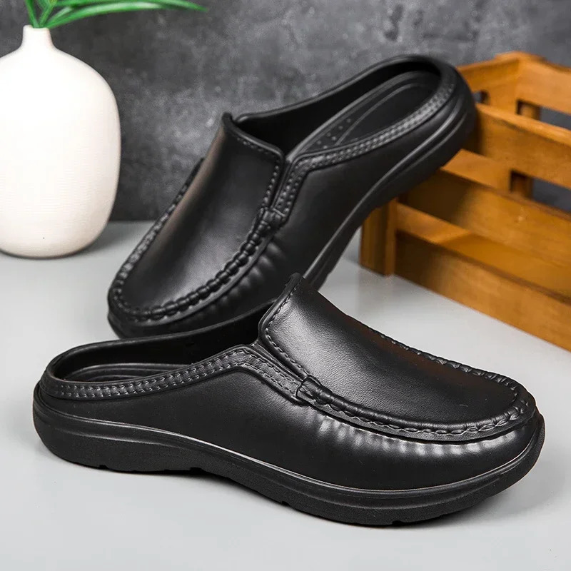Mens Antiskid Driving Shoes Breathable Chef Casual Sandals Highquality Soft Soled Leather Outdoor Semi Slippers 241214