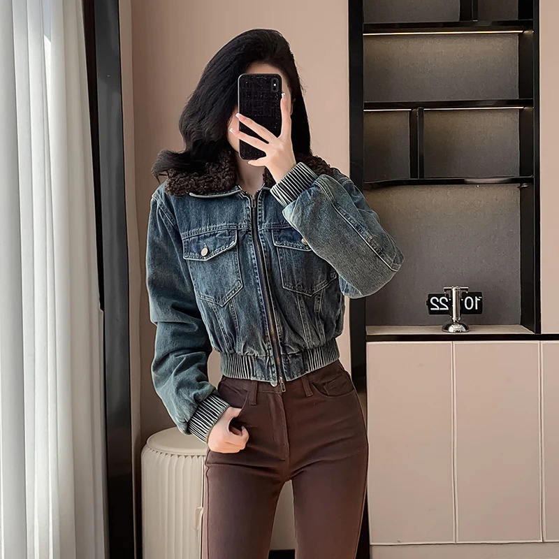 IEQJ Spliced Fur Collar Long Sleeve Cow Jacket Womens Zipper Collar Retro Street Pocket Jacket Womens Jacket 3DM0010 241210
