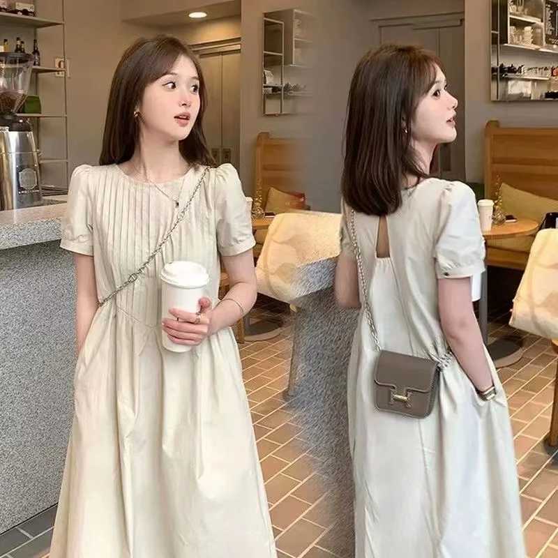 Korean Sle Materni Backless Dress Plus Size Short Sleeve Pleated High Waist Pregnant Woman Dress with Pockets Loose DesignXJ241213