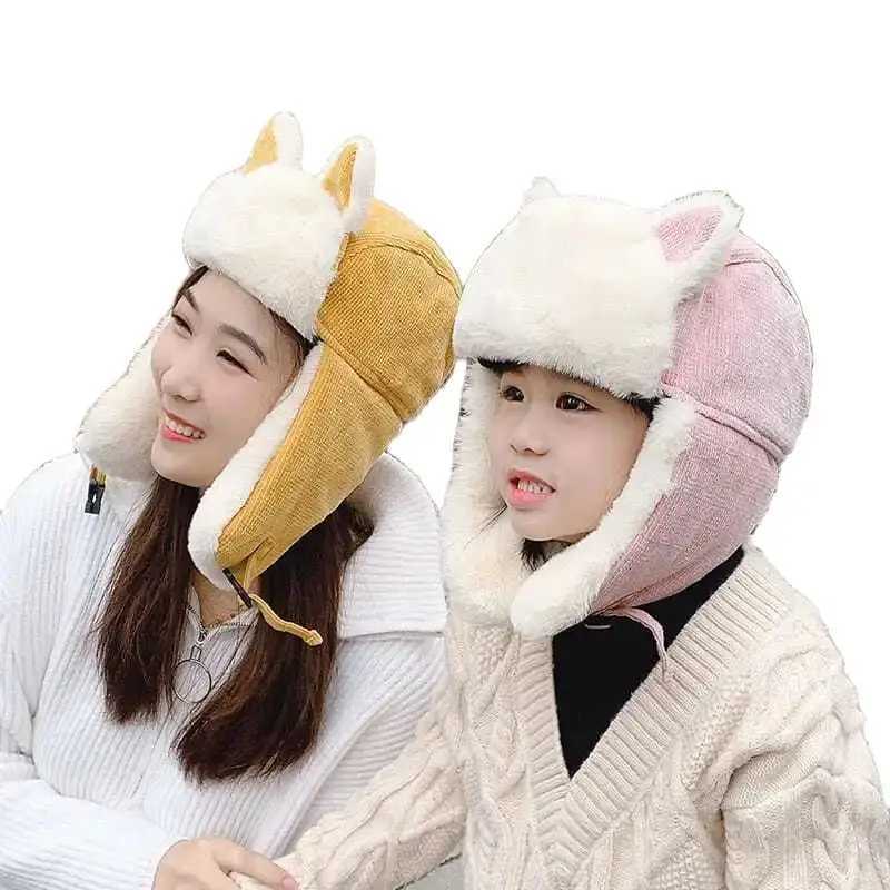 3-12Y Winter Childrens Hat Family Match Girl Boy Hat Artificial Fur Windproof Hat Womens Bomber Fur Flip Cover Ski Cavalry Trap W241213