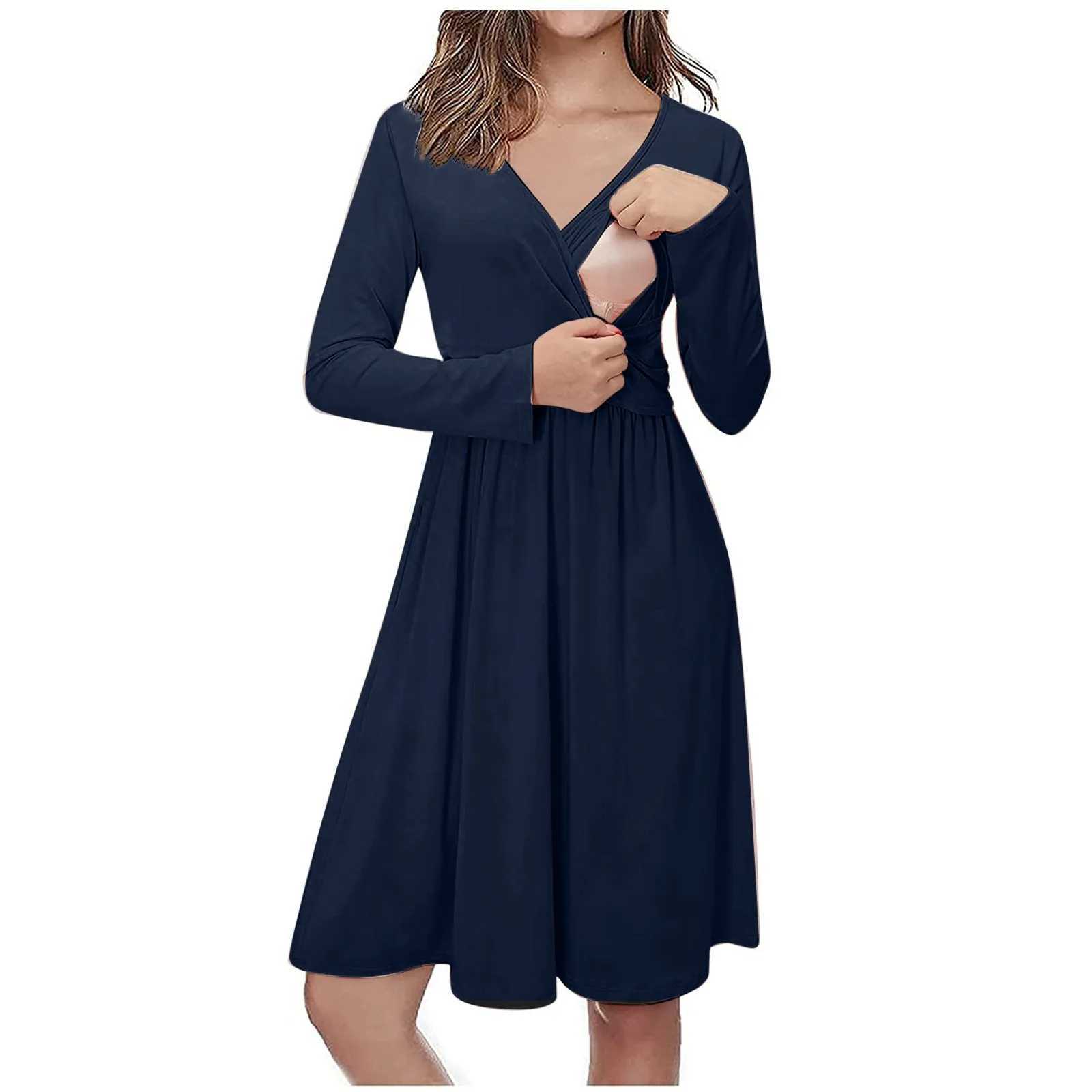 Pregnant Breastfeeding Dress With Pocket Casual Solid Color V-Neck Long Sleeve For Breastfeeding Dress Pregnancy Dress VestidosXJ241213