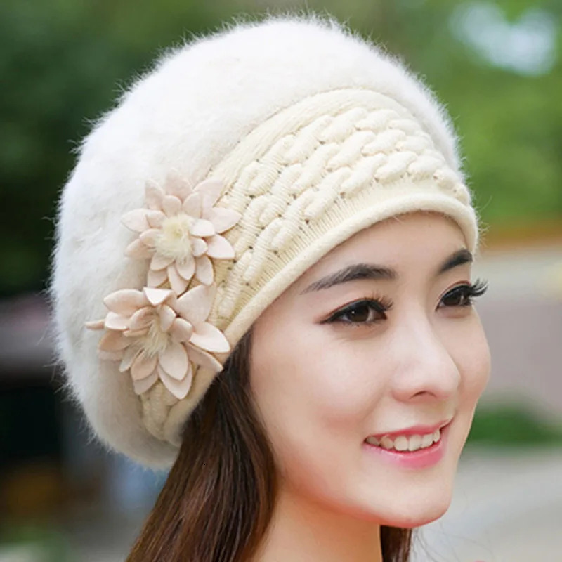 Floral Patchwork Elegant Ladies Knitted Hats Cap Autumn Winter Solid Color Female Fashion Skullies Beret Hat 241214