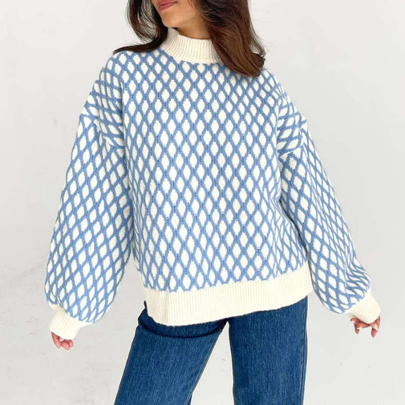 2024 autumn winter new European and American knitted top women's round neck plaid lantern sleeves loose pullover sweater for women