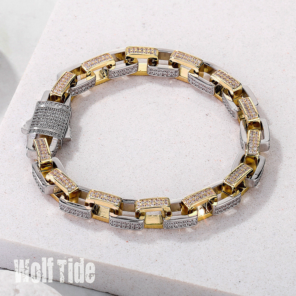 Hip Hop New Geometric Square Link Chain Mens Bracelet Bling Cubic Zircon Spring Buckle Bangle Bracelets 14k Gold Miami Rapper Bijoux Pulsera Hombre Wo